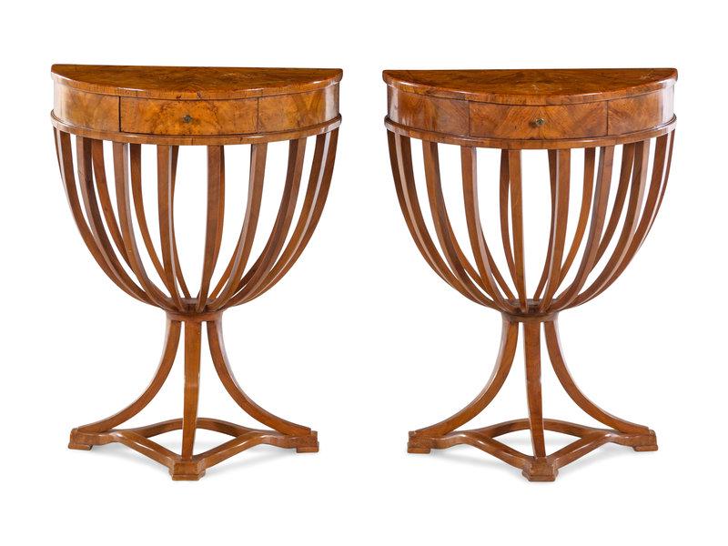 A Pair of Italian Neoclassical Style Burlwood Console: A Pair of Italian Neoclassical Style Burlwood Console Tables Mid-20th Century Height 30 x width 22 1/2 x depth 11 1/2 inches.