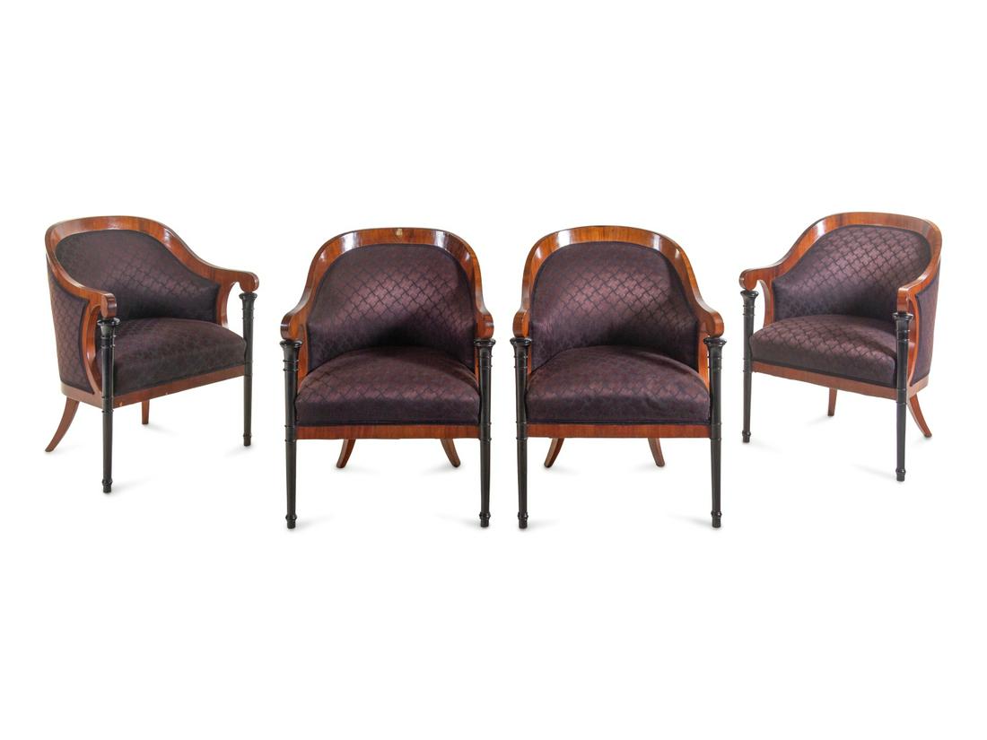 A Set of Four Biedermeier Mahogany Veneered and Parcel: A Set of Four Biedermeier Mahogany Veneered and Parcel Ebonized Armchairs Mid-19th Century Height 36 1/2 x width 27 1/2 x depth 26 inches. Provenance: Estate of Prince Johannes Thurn und Taxis Bernd G