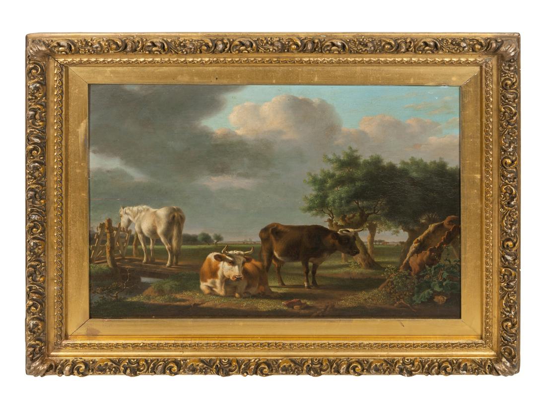 Manner of Eugene Joseph Verboeckhoven (Belgian,: Manner of Eugene Joseph Verboeckhoven (Belgian, 1799-1881) 19th Century Cows and Horse in Landscape oil on panel 15 x 20 7/8 inches.