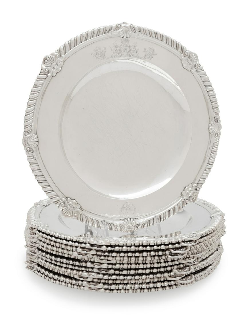 A Set of Twelve George II Silver Dinner Plates Engraved: A Set of Twelve George II Silver Dinner Plates Engraved for the Countess of Brandon, County Kilkenny William Reeves, London, 1759 each having an applied gadroon rim with rocaille decoration at interva