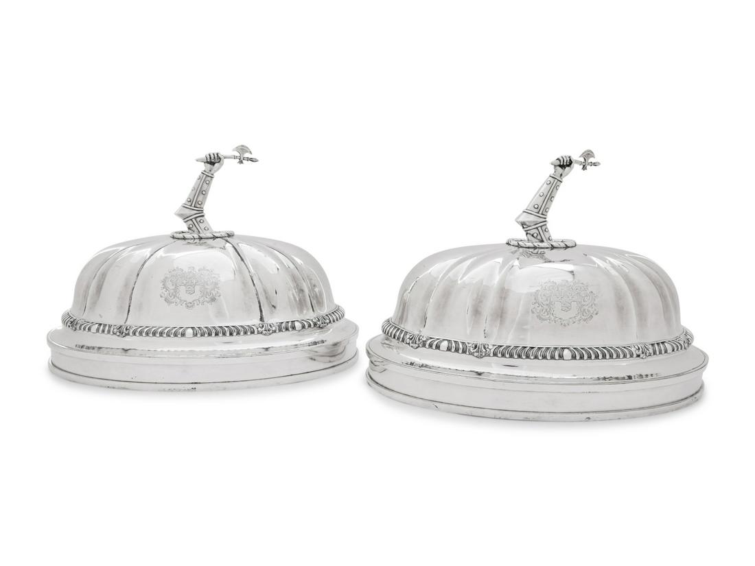 A Pair of Paul Storr Silver Mounted George IV Sheffield: A Pair of Paul Storr Silver Mounted George IV Sheffield Plate Dome Covers Finials Marked for Paul Storr, London, 1827 the covers marked on underside for T&J Crestwick, circa 1827, the finials ha