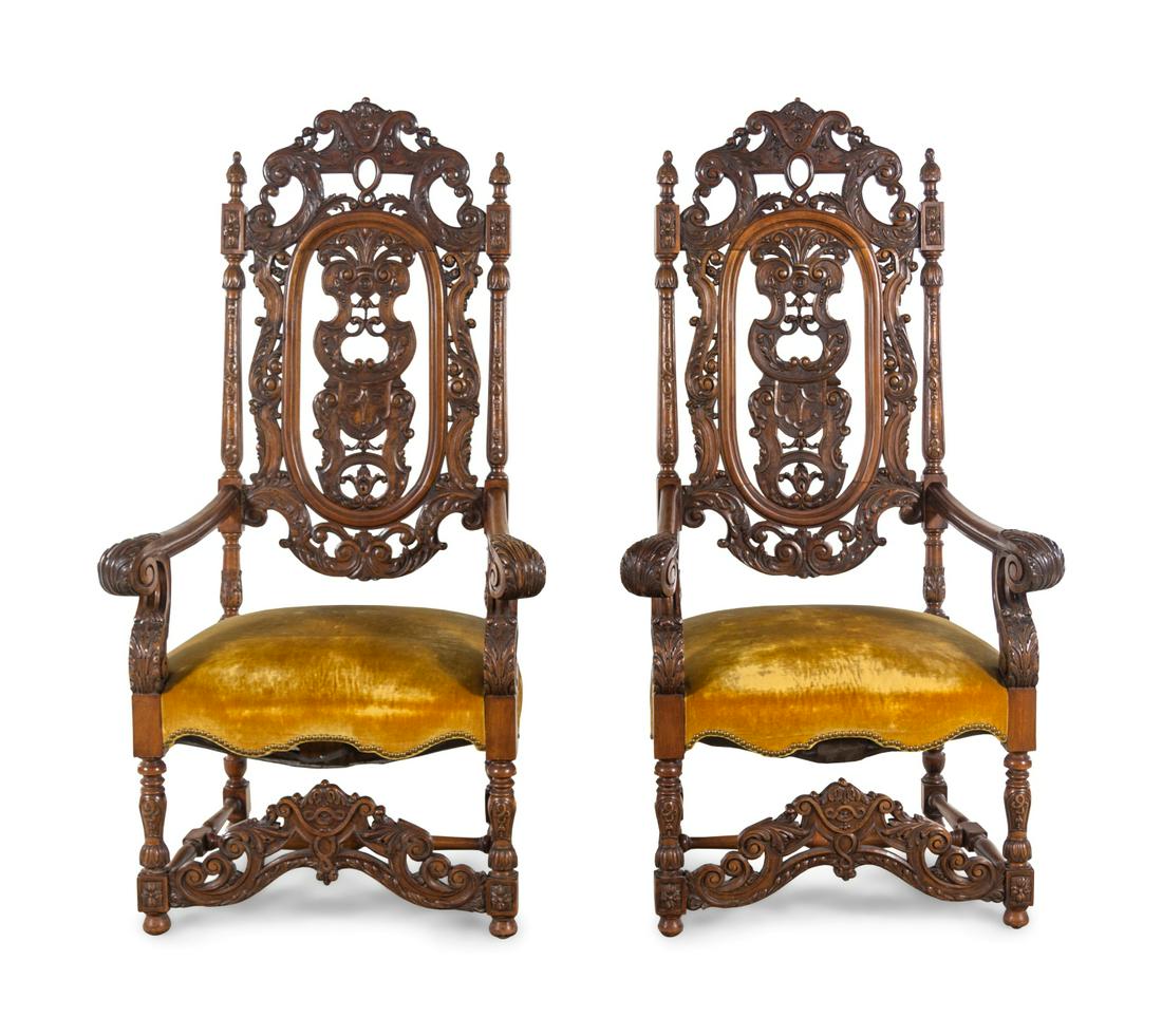A Pair of Charles II Style Carved Armchairs: A Pair of Charles II Style Carved Armchairs Circa 1870 Height 61 inches. Property from the Collection of Michael Sarver, Paradise Valley, Arizona