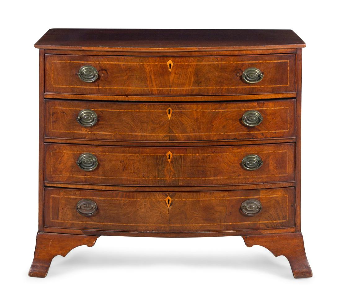 A George III Mahogany Bowfront Chest of Drawers: A George III Mahogany Bowfront Chest of Drawers Late 18th/Early 19th Century Height 34 3/4 x width 41 x depth 23 inches. Property from Historic Sengen House, Cornwall-on-Hudson, New York