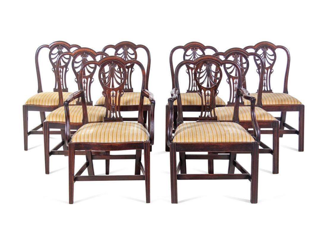 A Matched Set of Eight George III Style Mahogany Dining: A Matched Set of Eight George III Style Mahogany Dining Chairs 19th Century comprising two armchairs and six side chairs, four with serpentine seats and four with straight seats. Height 37 inches.