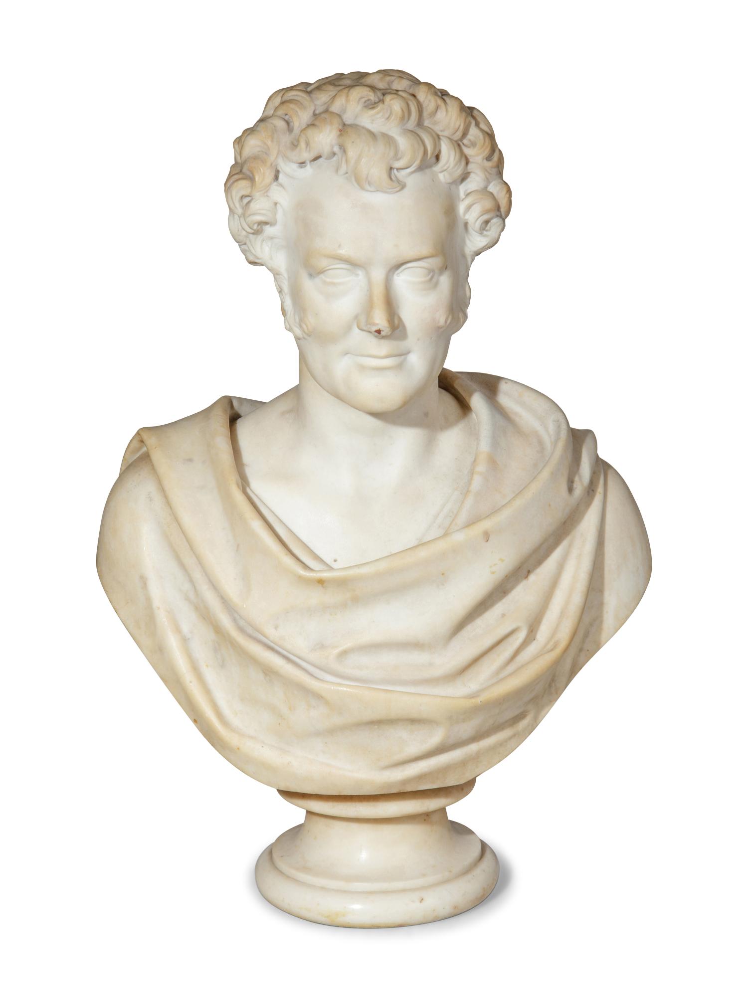 John Henry Foley (British, 1818-1874): John Henry Foley (British, 1818-1874) Bust of a Gentleman, 1855 marble signed and dated on reverse Height 30 1/2 inches. Property from Lawry's The Prime Rib, located in the historic L. Hamilton McCorm
