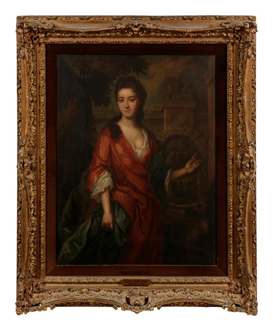 Manner of Thomas Bardwell (English, 1704-1767): Manner of Thomas Bardwell (English, 1704-1767) Portrait of an English Noble Lady oil on panel 48 5/8 x 37 inches. Property from Lawry's The Prime Rib, located in the historic L. Hamilton McCormick Man