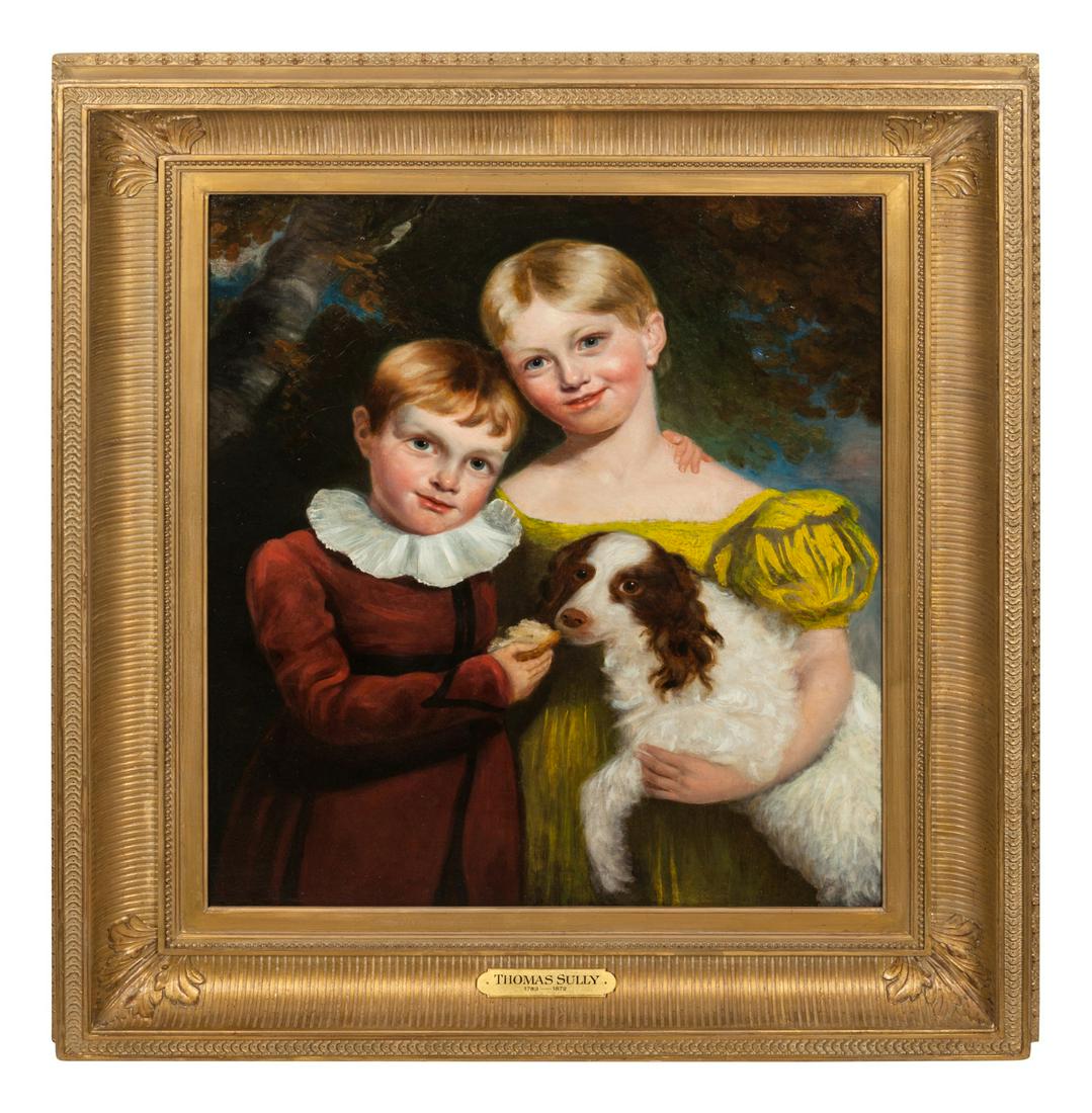 Manner of Thomas Sully (British, 19th Century): Manner of Thomas Sully (British, 19th Century) Portrait of Two Children and a Dog, 1832 oil on canvas initialed T.S. and dated (verso) 29 7/8 x 24 5/8 inches.