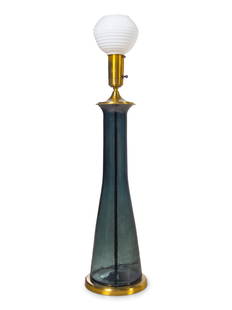 Blenko Glass Company American, Mid 20th Century Large: Blenko Glass Company American, Mid 20th Century Large Table Lamp glass, brass, wood, linen H 44 x Diameter 25 1/4 inches.