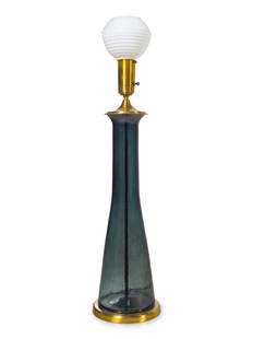 Blenko Glass Company American, Mid 20th Century Large: Blenko Glass Company American, Mid 20th Century Large Table Lamp glass, brass, wood, linen H 44 x Diameter 25 1/4 inches.