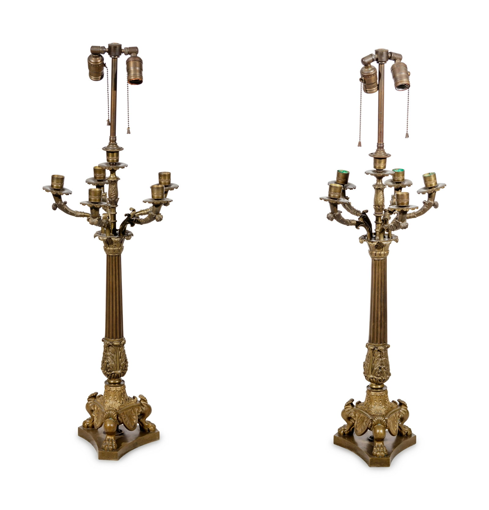 A Pair of Empire Style Gilt and Patinated Bronze: A Pair of Empire Style Gilt and Patinated Bronze Candelabra Mounted as Lamps Late 19th/Early 20th Century Height 34 1/2 inches.