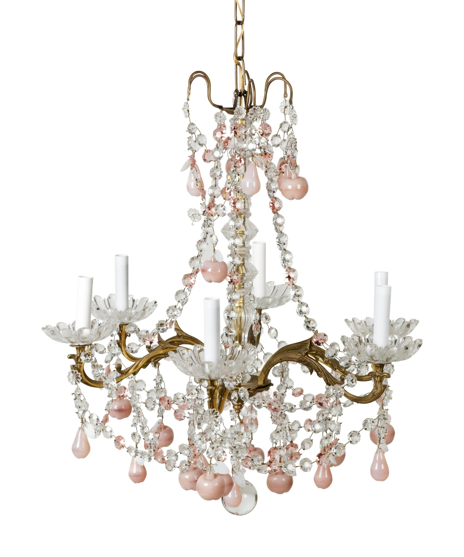 A French Opaline Glass Mounted Six-Light Chandelier: A French Opaline Glass Mounted Six-Light Chandelier Late 19th/Early 20th Century Height 28 x diameter 21 1/2 inches. 