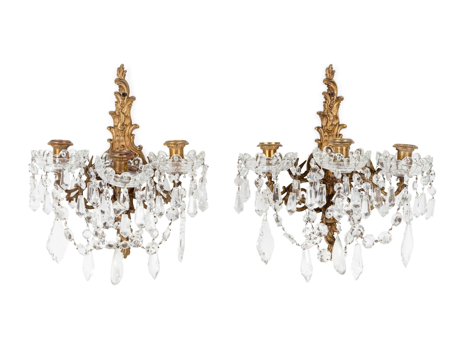 A Pair of Italian Gilt Bronze and Cut Glass Sconces: A Pair of Italian Gilt Bronze and Cut Glass Sconces Late 19th/Early 20th Century Height 13 1/2 inches.