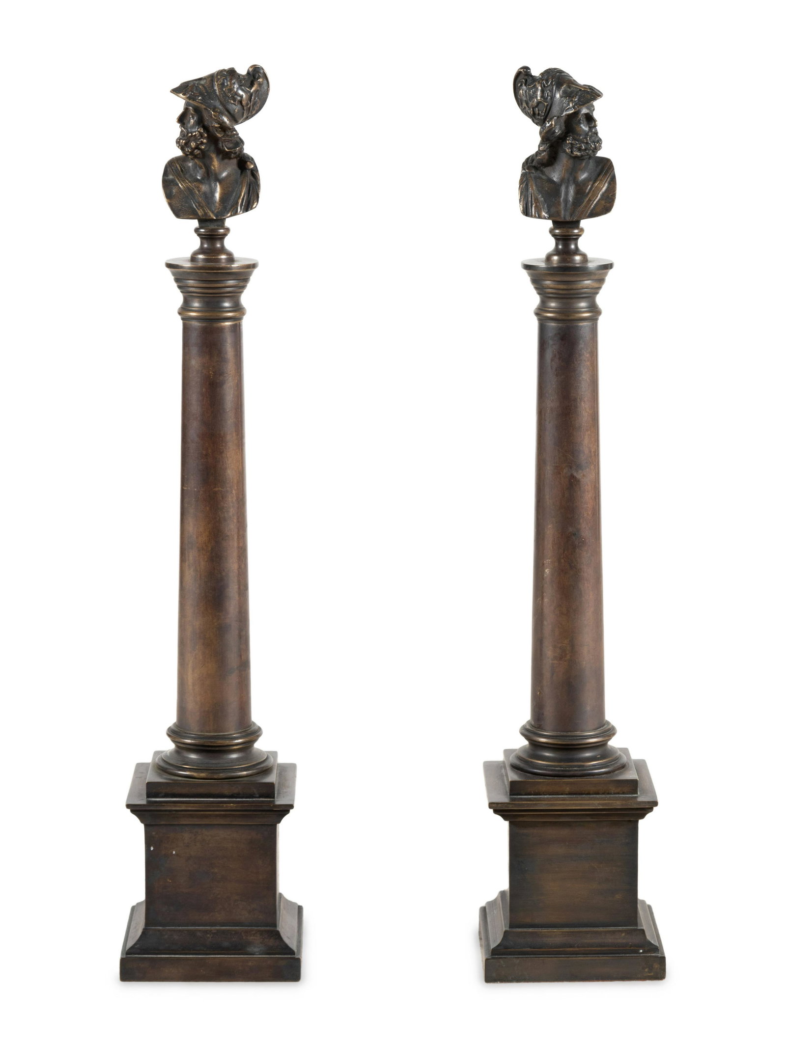 A Pair of Grand Tour Patinated Bronze Columns with: A Pair of Grand Tour Patinated Bronze Columns with Busts of Roman Soldiers Late 19th Century Height 25 inches. Property from the Collection of Steven Huffines, San Francisco, California