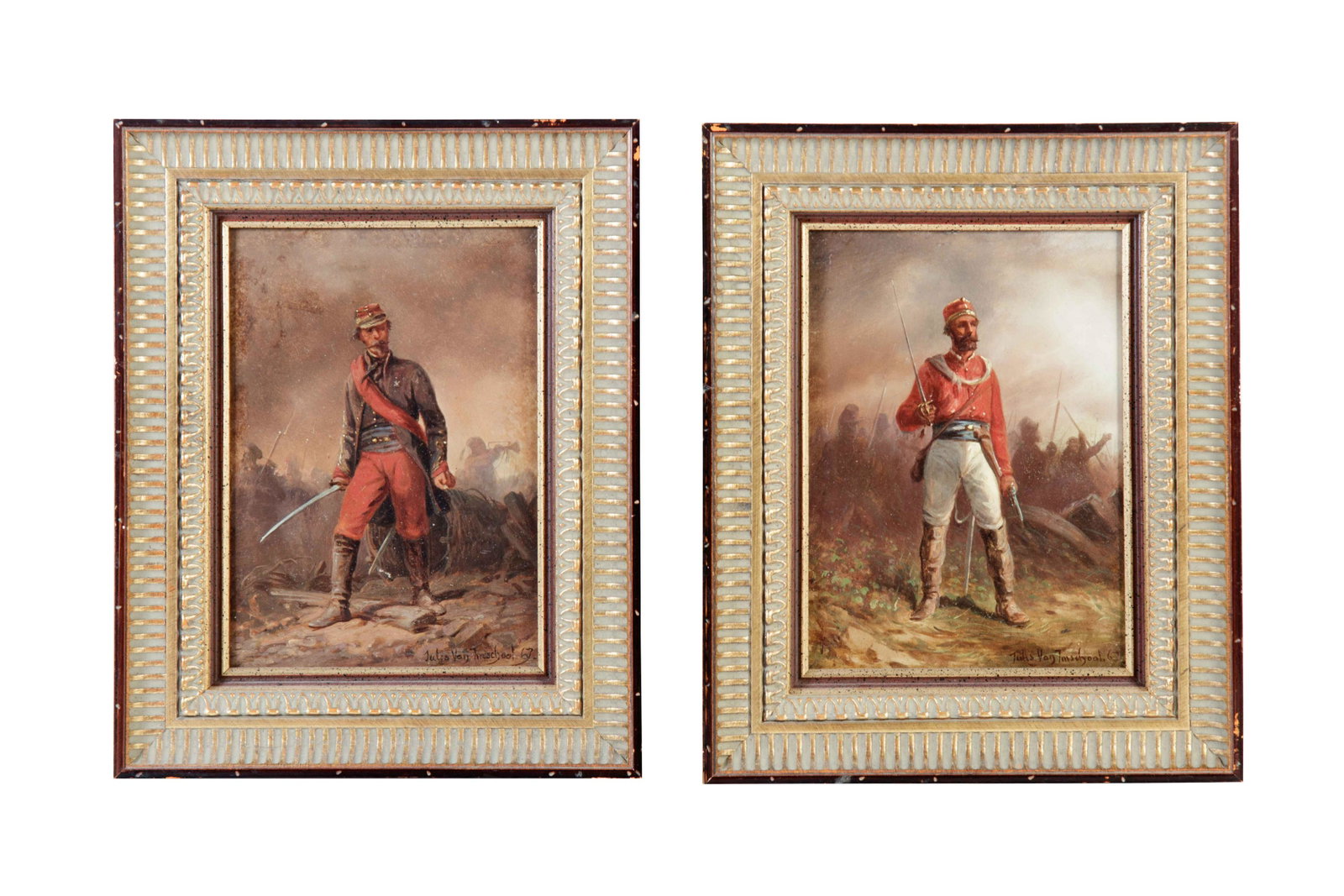 Jules van Imschoot (Flemish, 1821-1884): Jules van Imschoot (Flemish, 1821-1884) Soldiers (two works), 1867 oil on board each signed Jules van Imschoot and dated (lower right) 8 x 5 5/8 inches. Property from the Collection of Lance Cameron F