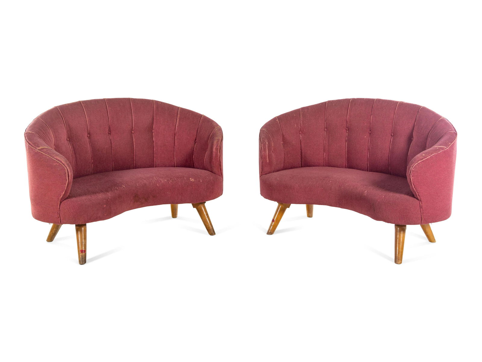 A Pair of Button-Tufted Settees : A Pair of Button-Tufted Settees Modernist, Mid-20th Century Height 36 x width 53 x depth 26 inches. Provenance: Alan Moss, New York