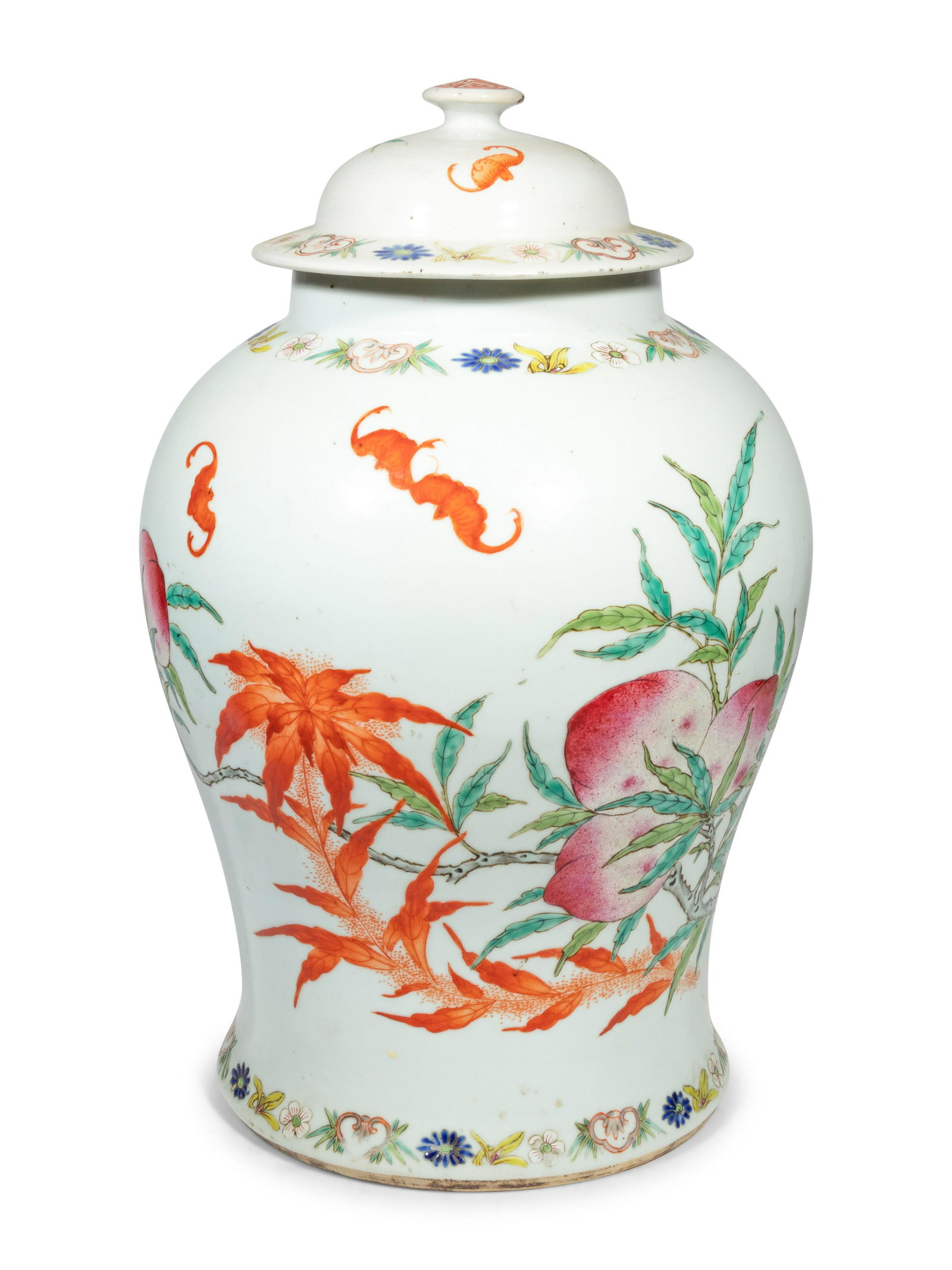 A Chinese Export Porcelain "Bats and Peaches" Jar: A Chinese Export Porcelain "Bats and Peaches" Jar 20th Century Height 16 inches Property from the Collection of John and Patricia Pember, Janesville, Wisconsin
