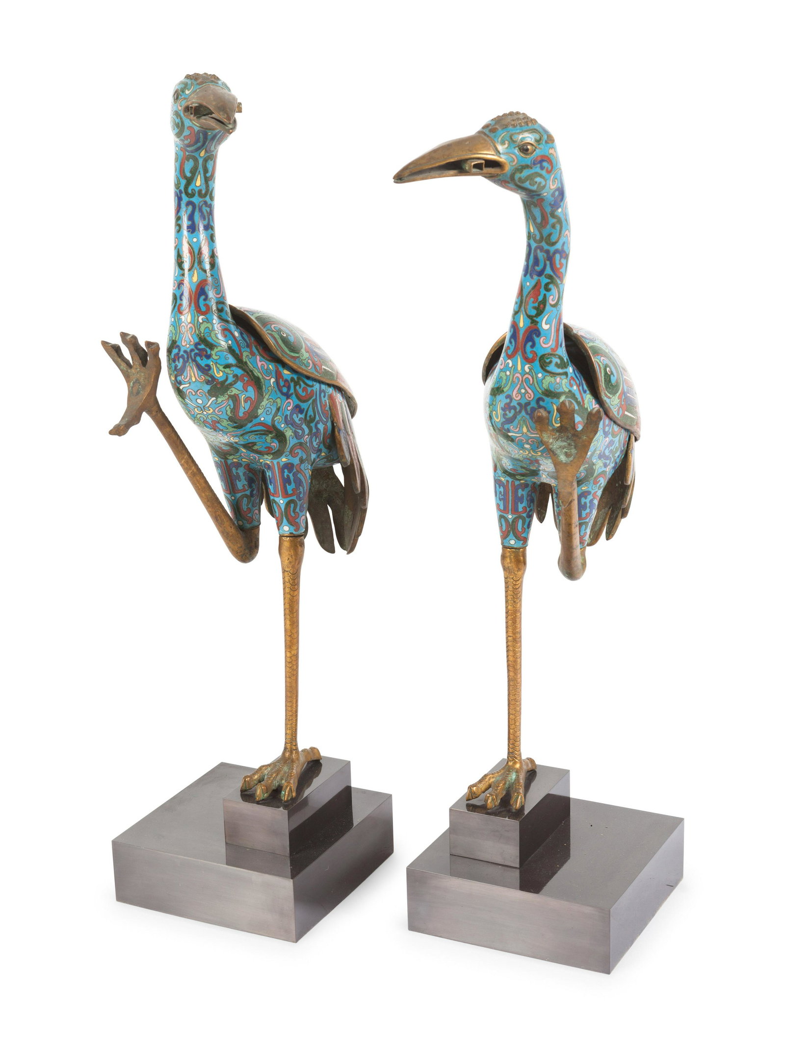 A Pair of Cloisonne Models of Cranes: A Pair of Cloisonne Models of Cranes 20th Century each raised on stands. Height overall 26 3/8 inches.