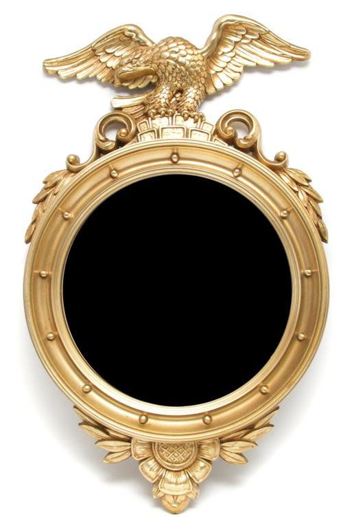 A Federal Style Convex Mirror, Height 29 inches.: A Federal Style Convex Mirror, having gilt frame surmounted by an eagle with convex mirror, composite. Height 29 inches.
