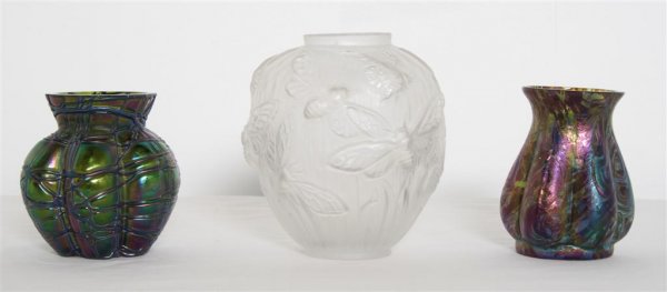 A Group of Two Loetz Style Vases, Height of tallest 4 1: A Group of Two Loetz Style Vases, along with a Verlys frosted glass vase. Height of tallest 4 1/8 inches.