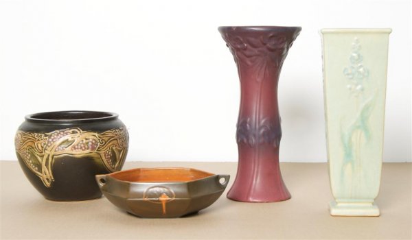 A Collection of Three Roseville Vases, Height of first : A Collection of Three Roseville Vases, comprising a Cremona pattern square vase, a Vintage pattern jardiniere and a Hexagon pattern double handled low form vase, together with a repaired VanBriggle va