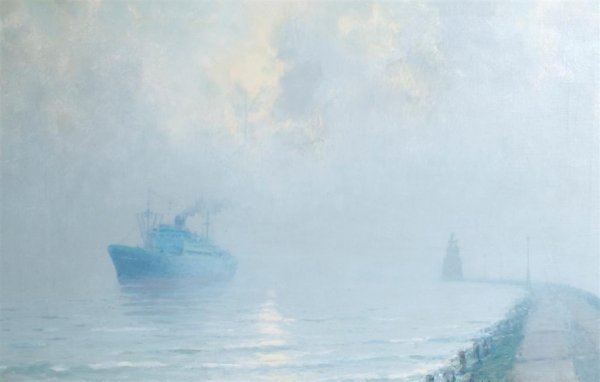 Henk Dekker, (Dutch, 1897-1974), Ocean Liner in Fog: Henk Dekker (Dutch, 1897-1974) Ocean Liner in Fog oil on canvas signed (lower right) 15 x 23 inches.