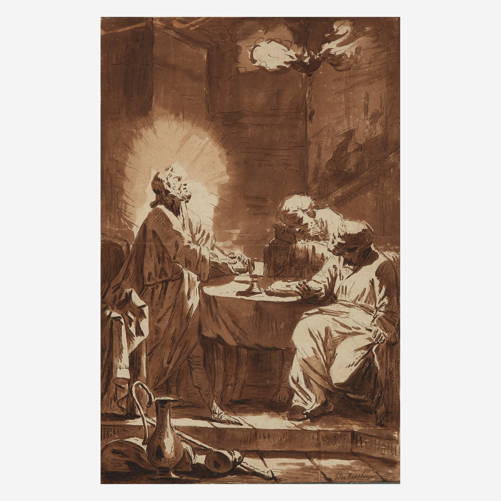 Johan van Haensbergen (Dutch, 1642-1705), , Christ in: Johan van Haensbergen (Dutch, 1642-1705) Christ in Emmaus Signed 'J. van Haensbergen' bottom right, brown ink with washes on paper Sheet size: 15 x 9 5/8 in. (38.1 x 24.4cm) PROVENANCE: Private Collec
