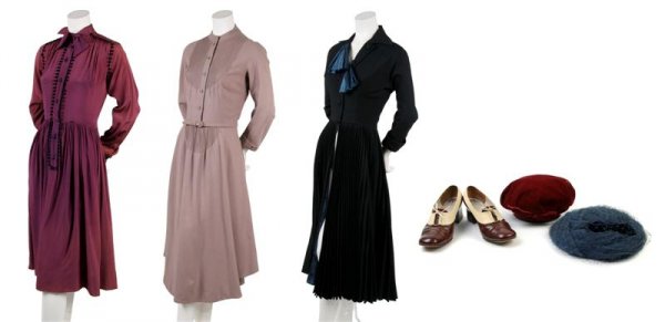 A Group of Clothing and Accessories,: A Group of Clothing and Accessories, circa 1950s, comprised of a Claire McCardell silk faille dress, a Don Loper coat dress, a Maurice Rentnor mauve wool dress, two Christian Dior hats and a pair of C