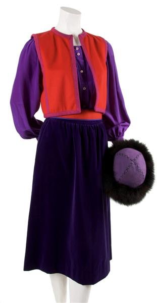 A Yves Saint Laurent 'Russian' Ensemble, Blouse si: A Yves Saint Laurent 'Russian' Ensemble, 1970s, purple silk peasant top with full length sleeves, wide scoopneck with pleating, red wool vest with fuchsia trim, purple skirt with on-seam pockets, purp