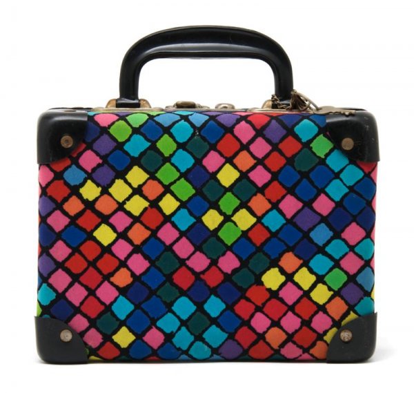 A Ken Scott Harlequin Plaid Lunch Box Bag, 9 x 6 i: A Ken Scott Harlequin Plaid Lunch Box Bag, 1960s, in jersey with black protective corners and handle, silver hardware and studs, red fabric interior with Ken Scott repeated. 9 x 6 inches.