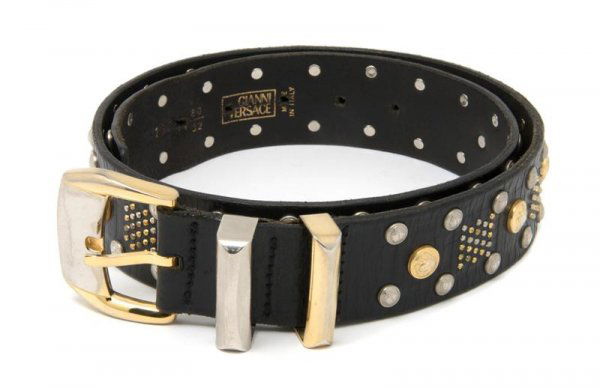 A Gianni Versace Black Leather Belt, Size 32.: A Gianni Versace Black Leather Belt, 1980s, with all-over Medusa studs. Stamped: Gianni Versace. Size 32.