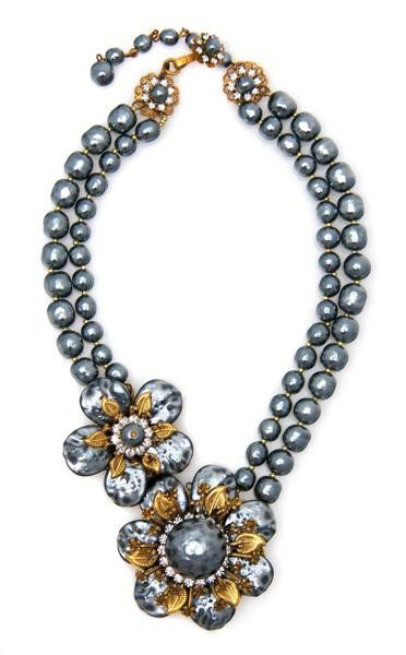 A Miriam Haskell Steel Grey Baroque Pearl Necklace: A Miriam Haskell Steel Grey Baroque Pearl Necklace, 1950s, in a floral motif with signature clasp. Stamped: Miriam Haskell.