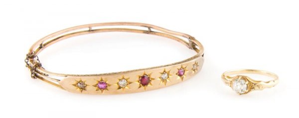 A Group of Yellow Gold and Gemstone Jewelry, 6.30 dwts.: A Group of Yellow Gold and Gemstone Jewelry, comprising one 9 karat hinged bangle bracelet with four old European cut diamonds and three round brilliant cut rubies and one ring containing one old mine