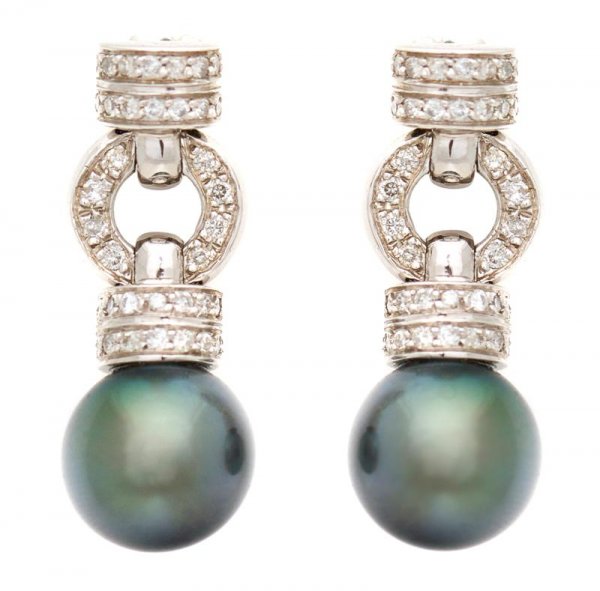 A Pair of Black Tahitian Cultured Pearl and Diamond Ear: A Pair of Black Tahitian Cultured Pearl and Diamond Earrings, with black Tahitian pearls measuring approximately 10.90 mm each and numerous round brilliant cut diamonds weighing approximately 0.55 car