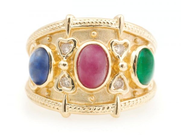 A 14 Karat Yellow Gold, Ruby, Sapphire, Emerald and Dia: A 14 Karat Yellow Gold, Ruby, Sapphire, Emerald and Diamond Ring. 5.35 dwts.