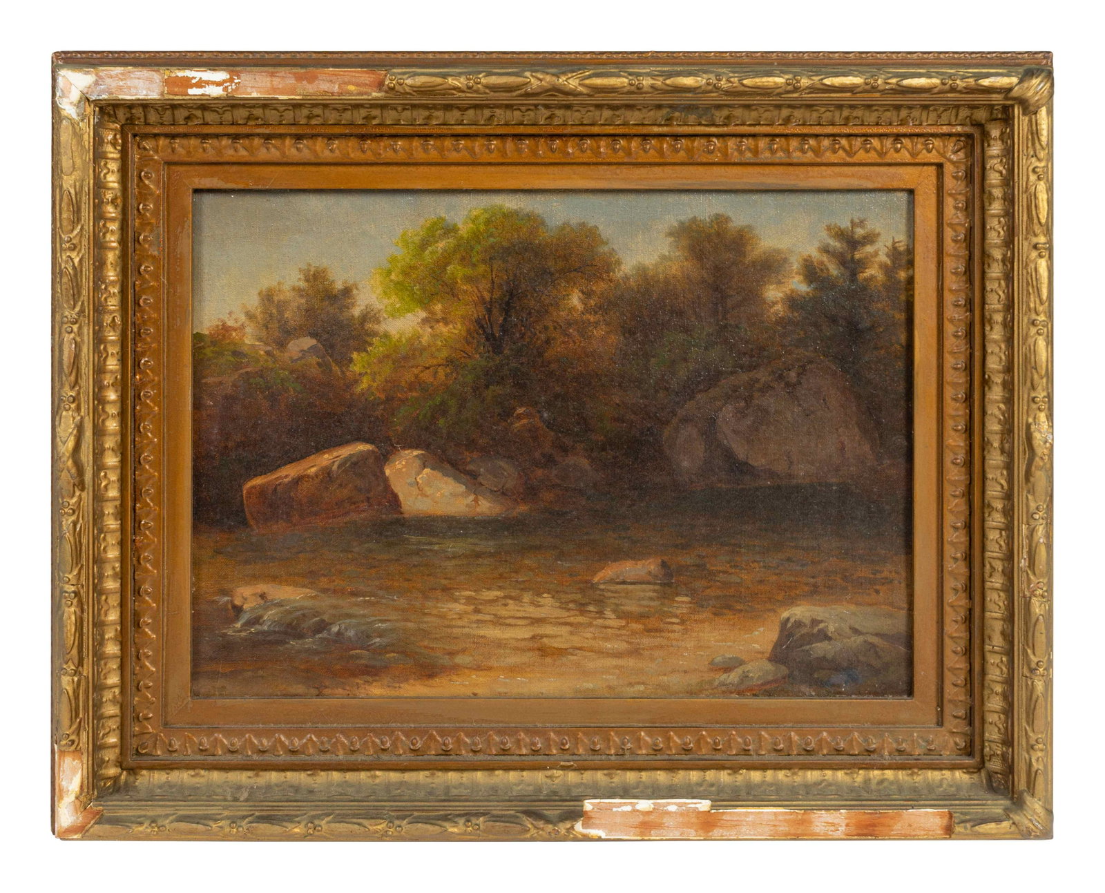 Attributed to Johann Hermann Carmiencke (German,: Attributed to Johann Hermann Carmiencke (German, 1810-1867) Landscape with Rocks and Stream oil on canvas inscribed in pencil on stretcher. 10 x 14 inches. Provenance: Merika's Antiques, Inc., Boston,