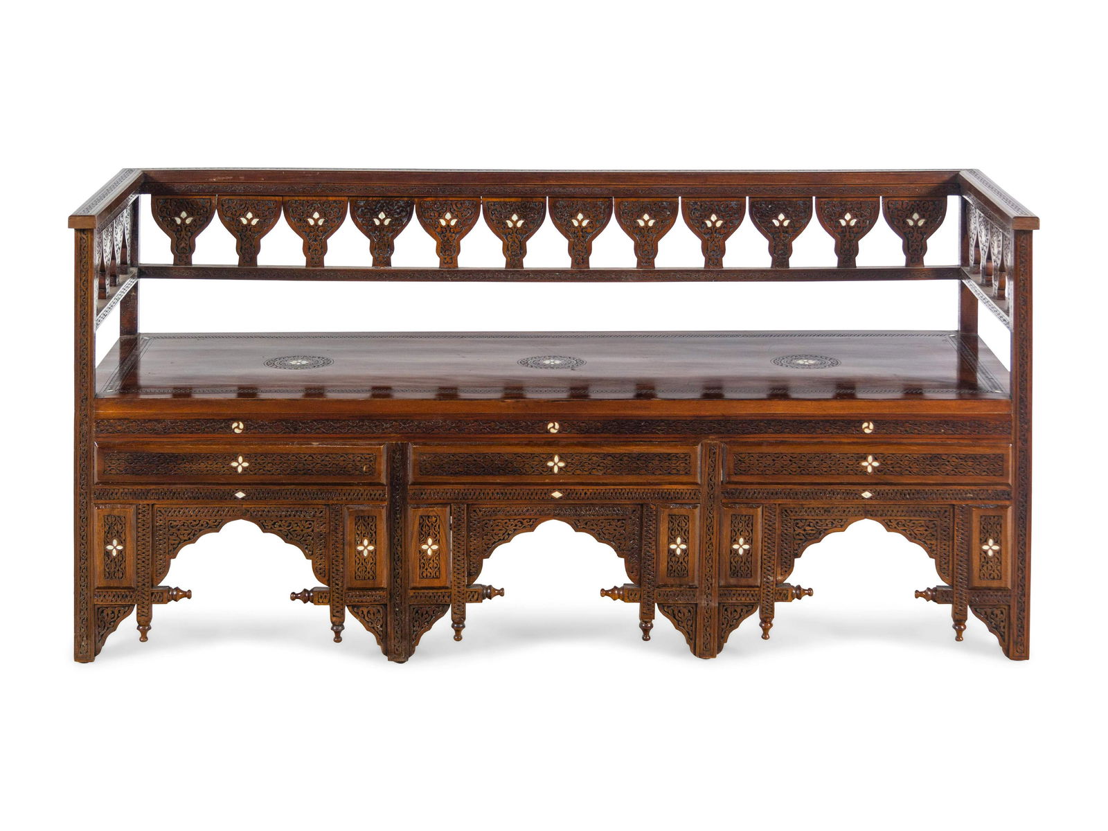 A Syrian Mother-of-Pearl Inlaid Walnut Bench (1 of 4)
