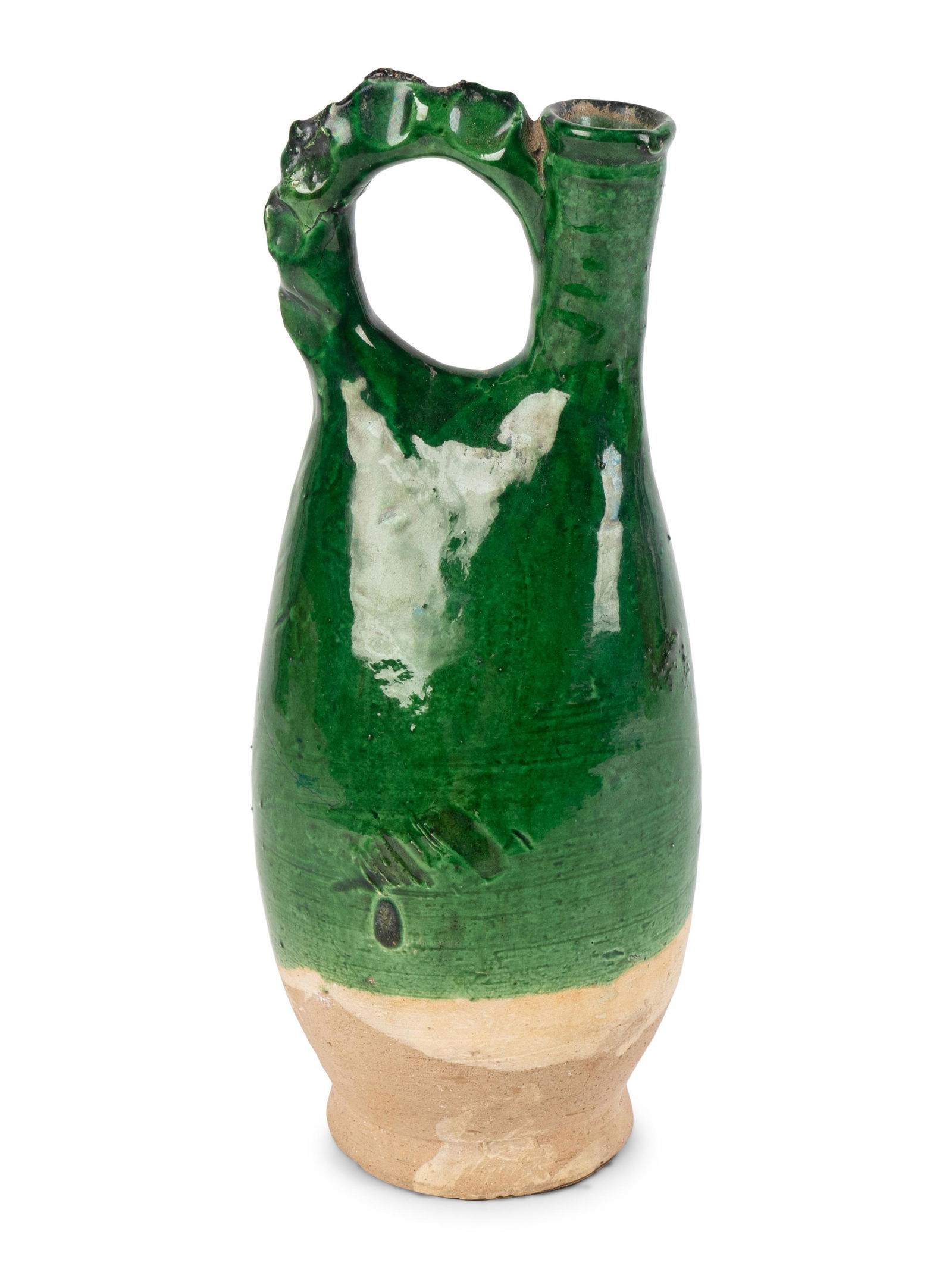 A Chinese Green-Glazed Pottery Cockscomb Ewer Height 10 (1 of 2)
