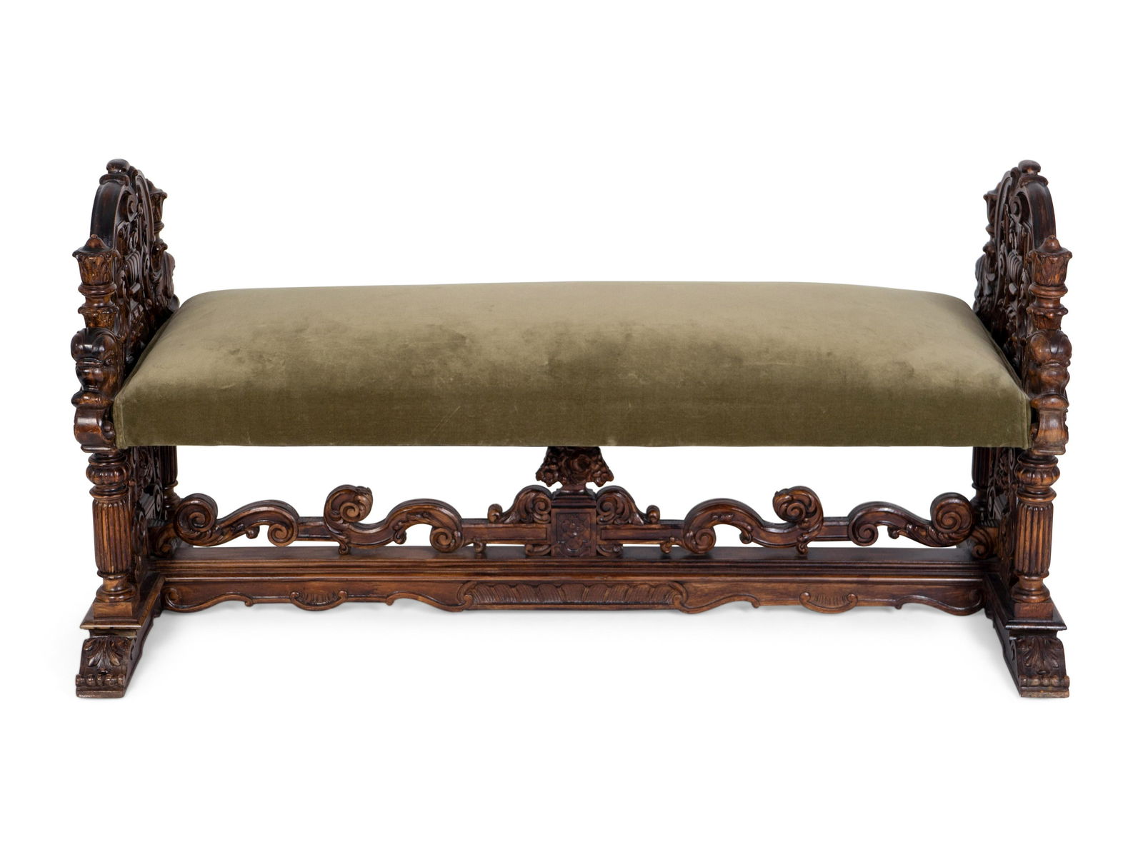 A Renaissance Style Velvet-Upholstered Walnut Bench (1 of 2)