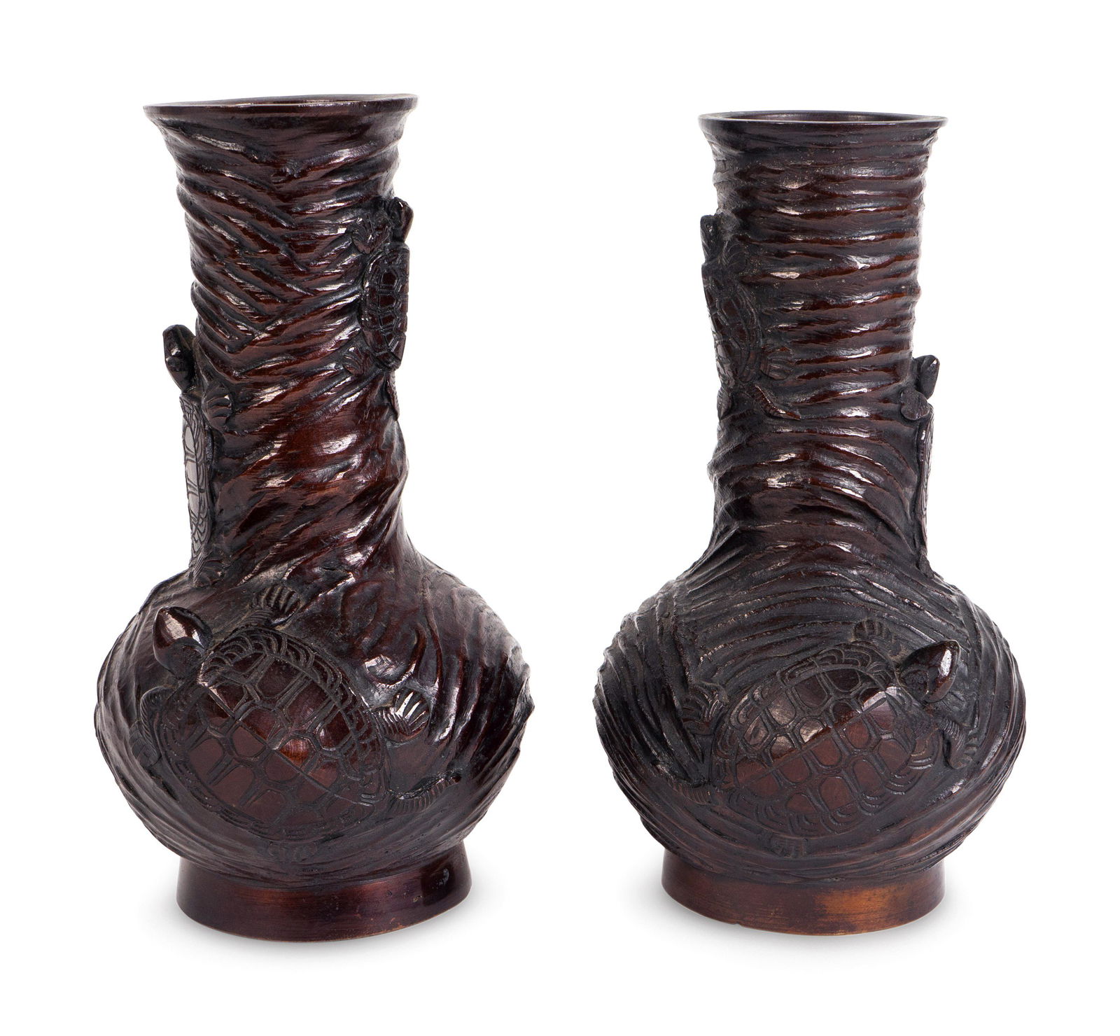 A Pair of Japanese Patinated Bronze Vases Height 8 1/4 (1 of 1)