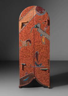 Tommy Simpson (b. 1939) She's One Hot Tomato Cabinet,: Tommy Simpson (b. 1939) She's One Hot Tomato Cabinet, 2004 polychromed basswood, mixed media H 76 x W 29 x D 16 inches Provenance: Leo Kaplan Modern, New York, NY Property from the Collection of Dr. R