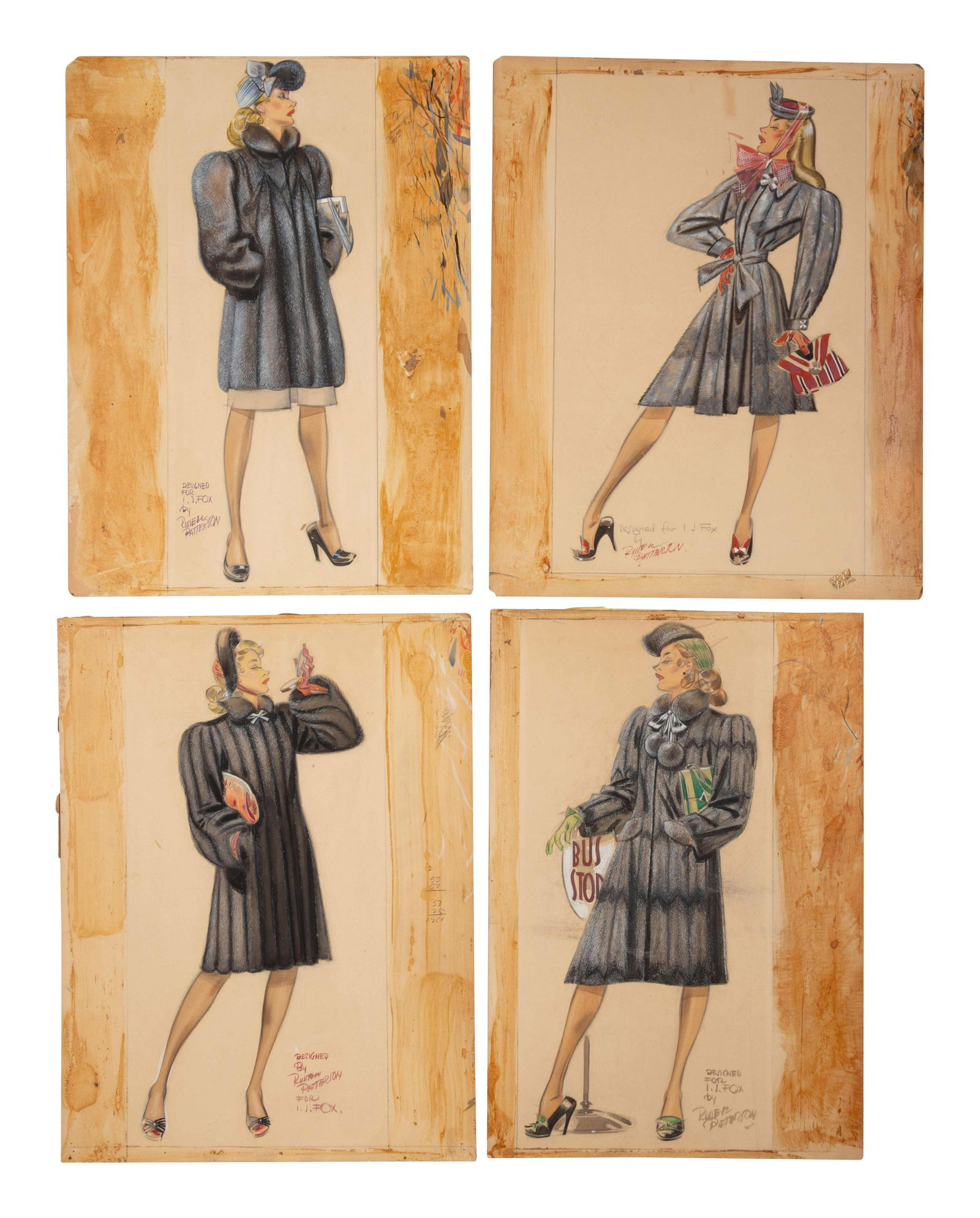An Archive of Thirteen Conceptual Sketches for I.J.: An Archive of Thirteen Conceptual Sketches for I.J. Fox, by James Montgomery Flagg and Russell Patterson, 1940s This lot includes thirteen illustrations: 12 Fashion, 1 Store Front Elevation. THE FIRST