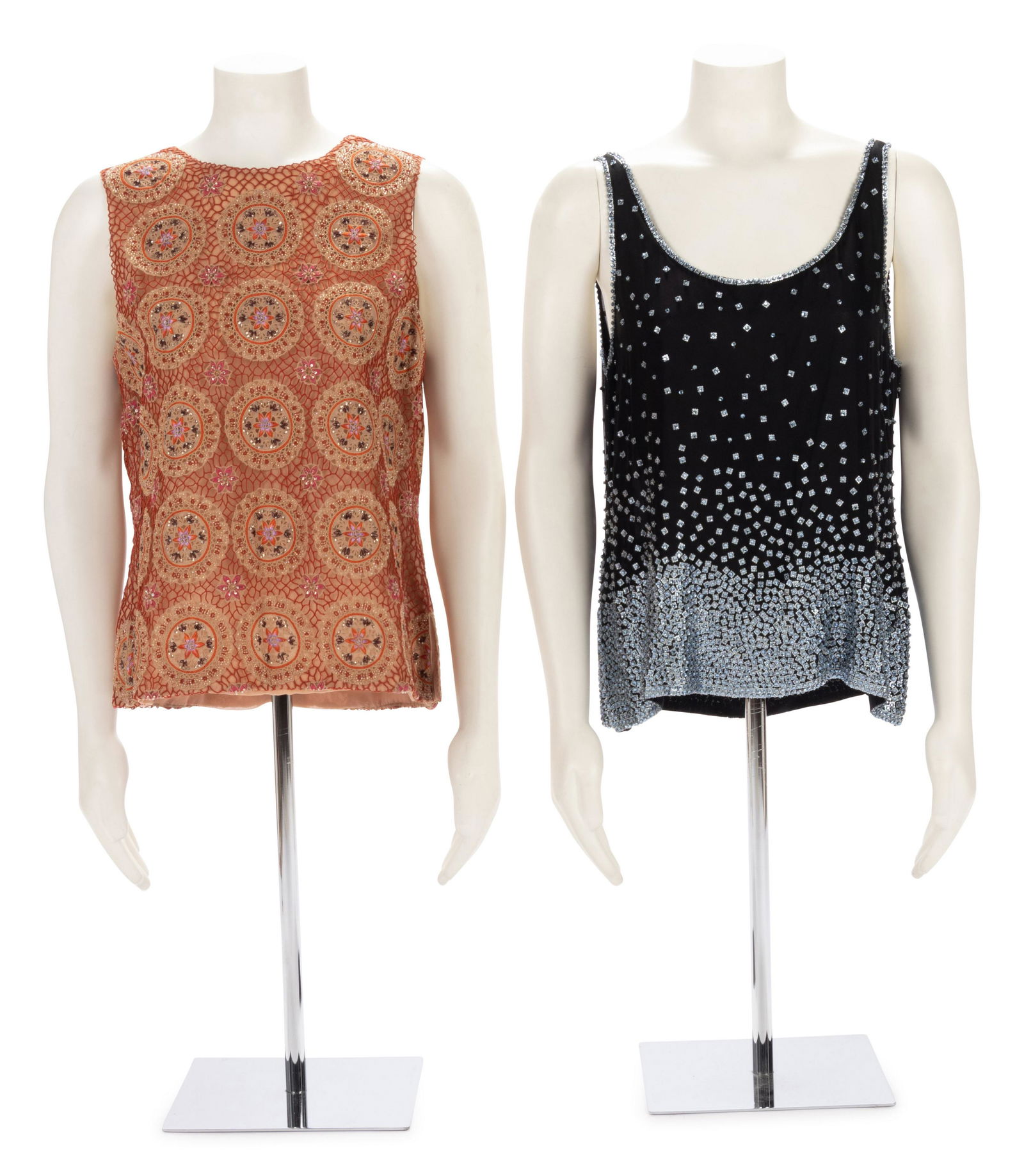Two Bill Blass Beaded Tops, 1990s: Two Bill Blass Beaded Tops, 1990s This lot includes two tops. THE FIRST Nude silk chiffon with red thread circle embroidered jewel neck sleeveless top embellished with beads and faceted sequins, and c