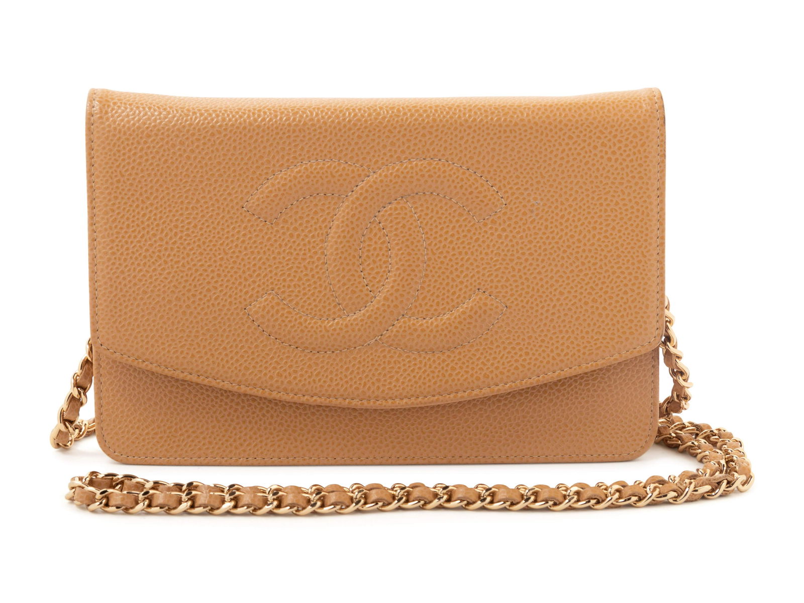Chanel Leather Wallet Bag, 2005-2006: Chanel Leather Wallet Bag, 2005-2006 Beige leather flap wallet bag with gold-tone and leather braided chain shoulder strap and front snap closure. Found with original sales tag, listed price is missin
