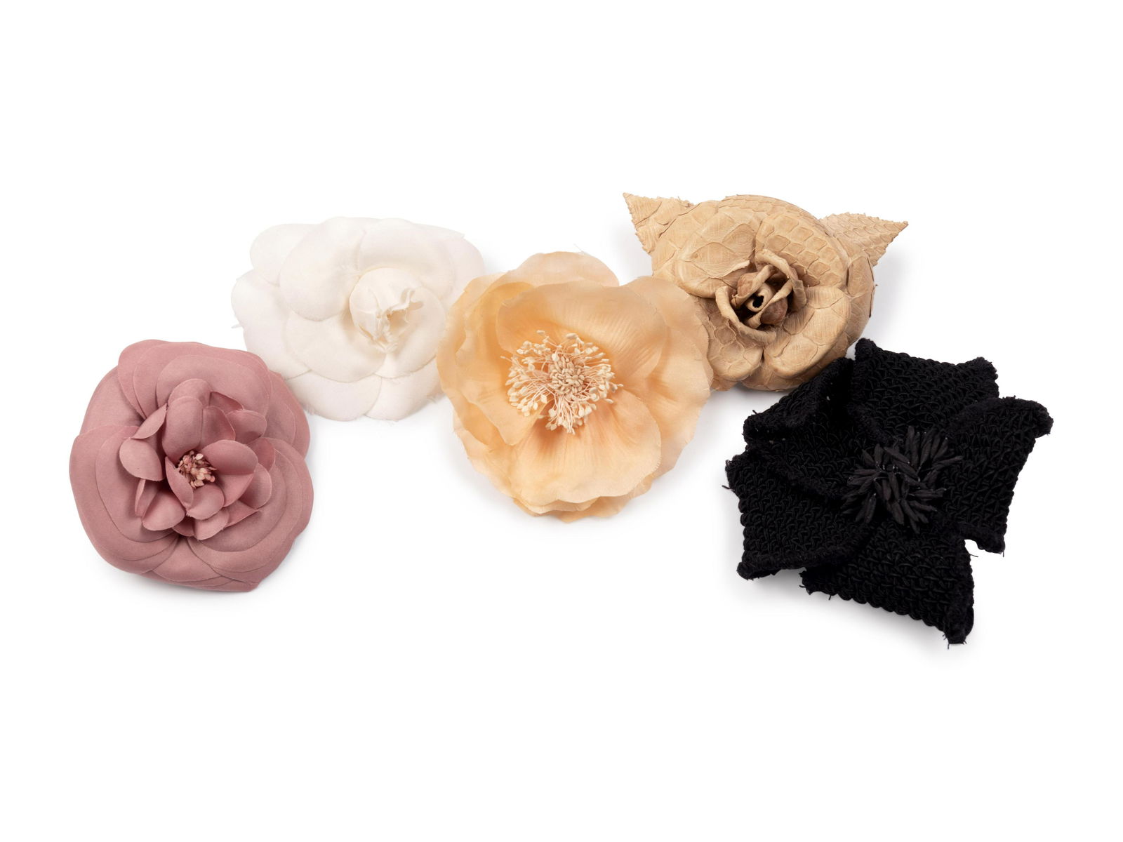 Six Chanel Brooches/Pins: Four Textile, One Snake Skin, (1 of 5)