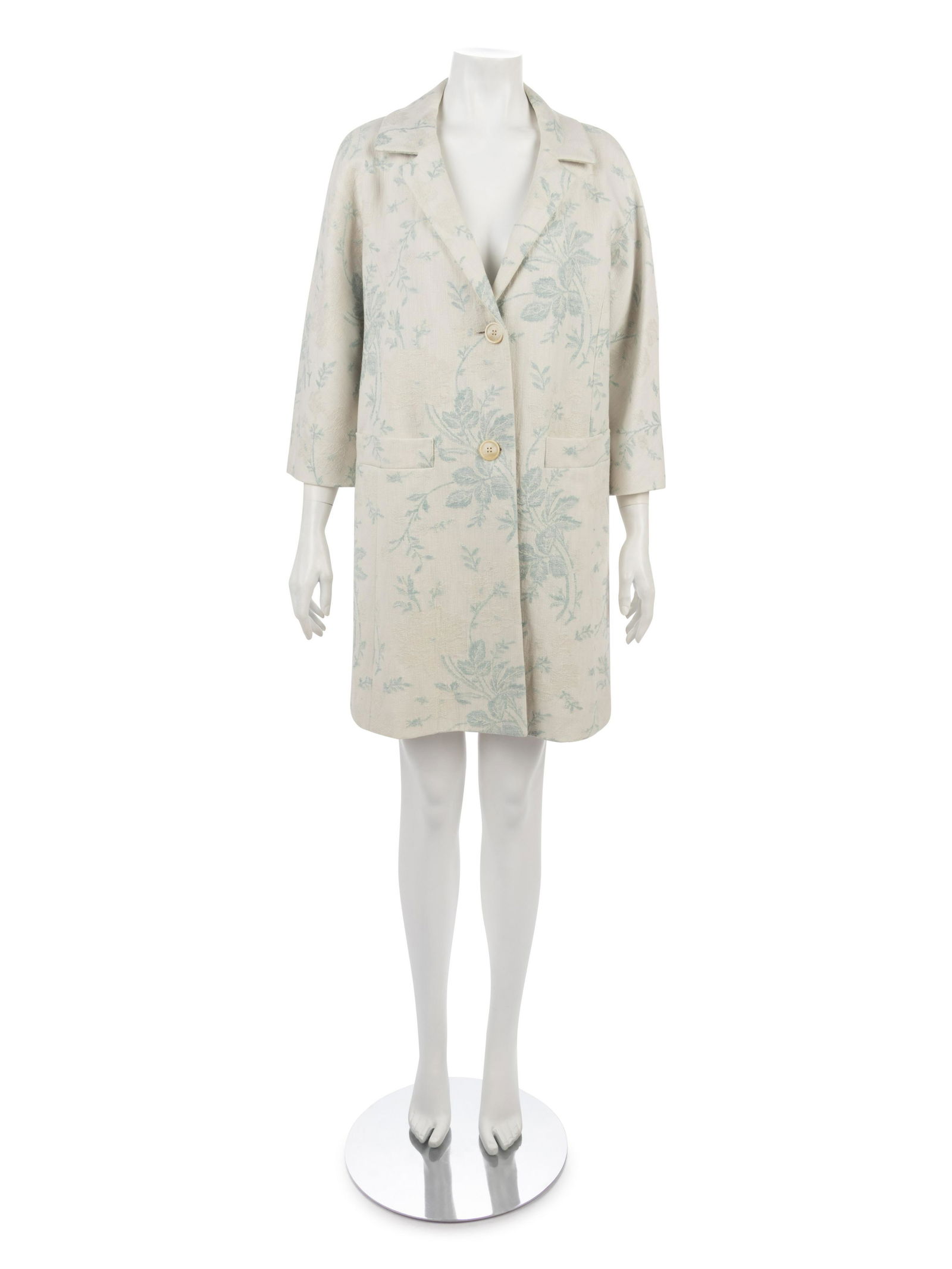 Etro Floral Jacquard Jacket: Etro Floral Jacquard Jacket Light blue brocade flax/cotton blend jacket with front welt pockets and center front button closure. Found with original sales tag, listed price is missing. Label: Etro Siz