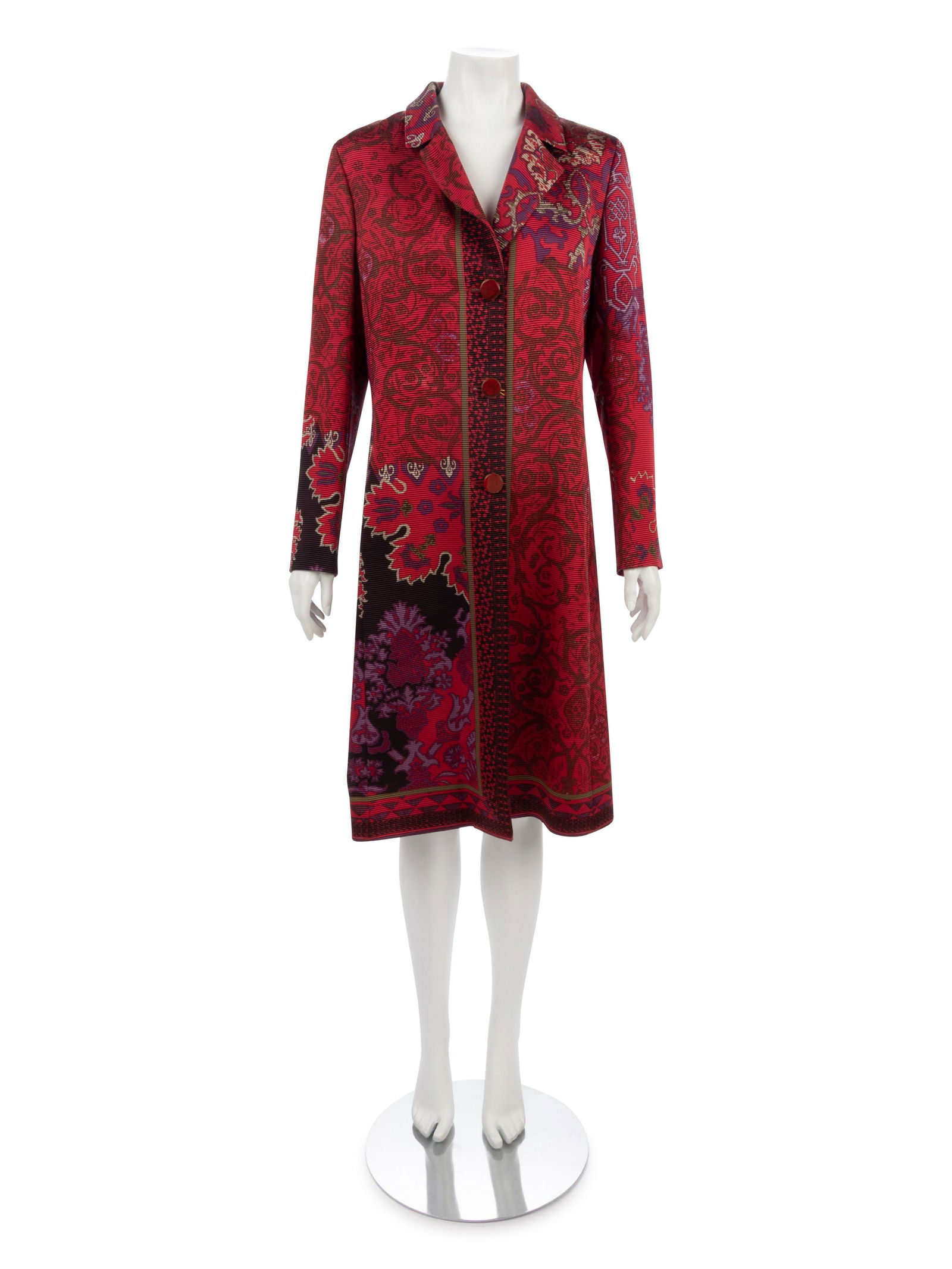 Etro Ribbed Satin Jacket, 2009: Etro Ribbed Satin Jacket, 2009 Red Turkish print acetate/wool blend ribbed satin jacket with notched lapel, in-seam pockets, and center front button closure. Found with original sales tag, listed pric