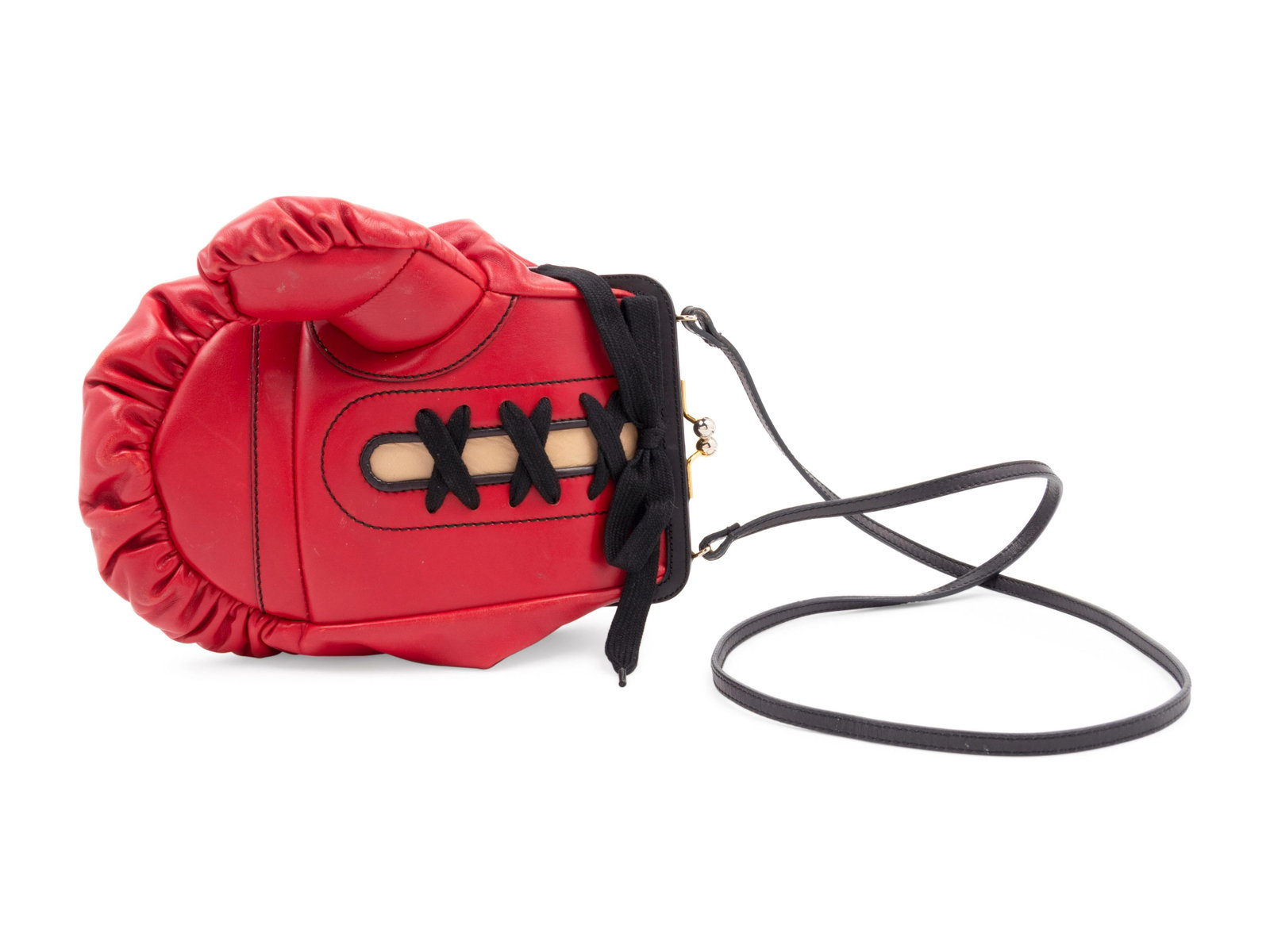 Moschino Leather Boxing Glove Frame Bag: Moschino Leather Boxing Glove Frame Bag Red leather boxing glove frame bag with black leather details and black lacing, gold-tone top snap closure, and thin leather shoulder strap. Label: Moschino Det