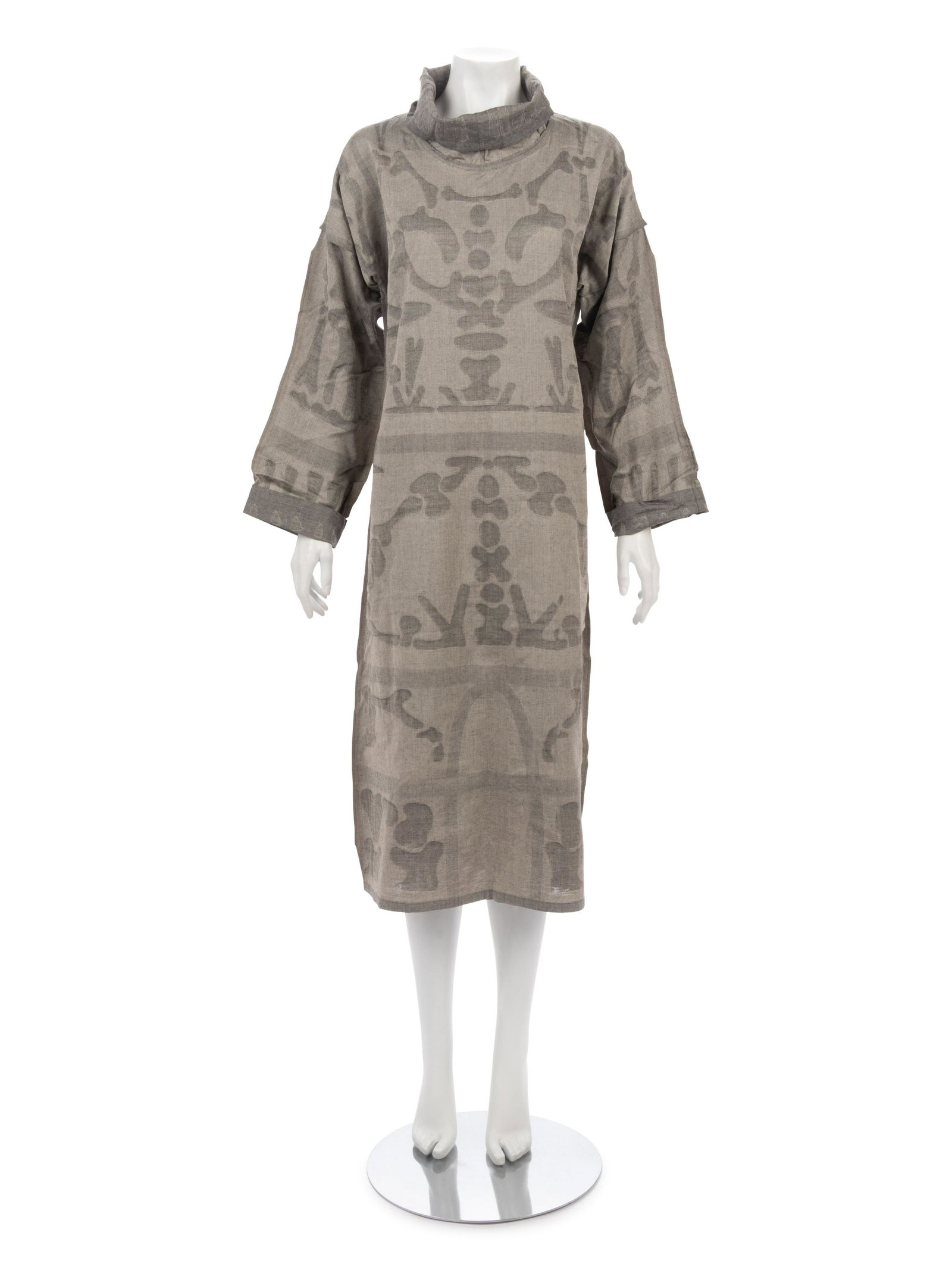 Issey Miyake APOC Dress, 2002: Issey Miyake APOC Dress, 2002 Dual-tone warm gray rayon/wool/cotton blend A-line dress with woven bone motif, cowl neck and long sleeves. Label: APOC Size Label: 2 Style/Serial No.: AP13FH107 Approxim