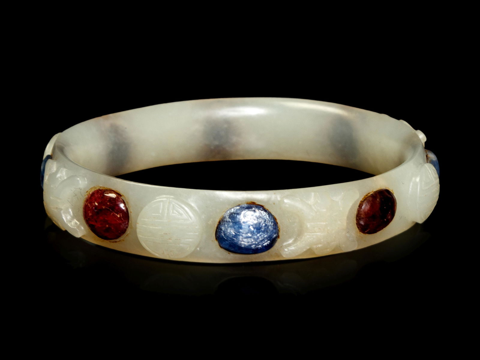 A Hardstone Inset White Jade Bangle (1 of 2)