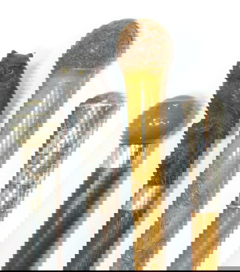 Japanese bamboo walking cane, 19th c., Carved in r: Japanese bamboo walking cane 19th c. Carved in relief with a dragon, L: 34 in.; together with a silver niello handle cane, an agate handle cane and a black forest cane carved with an owl. (4).